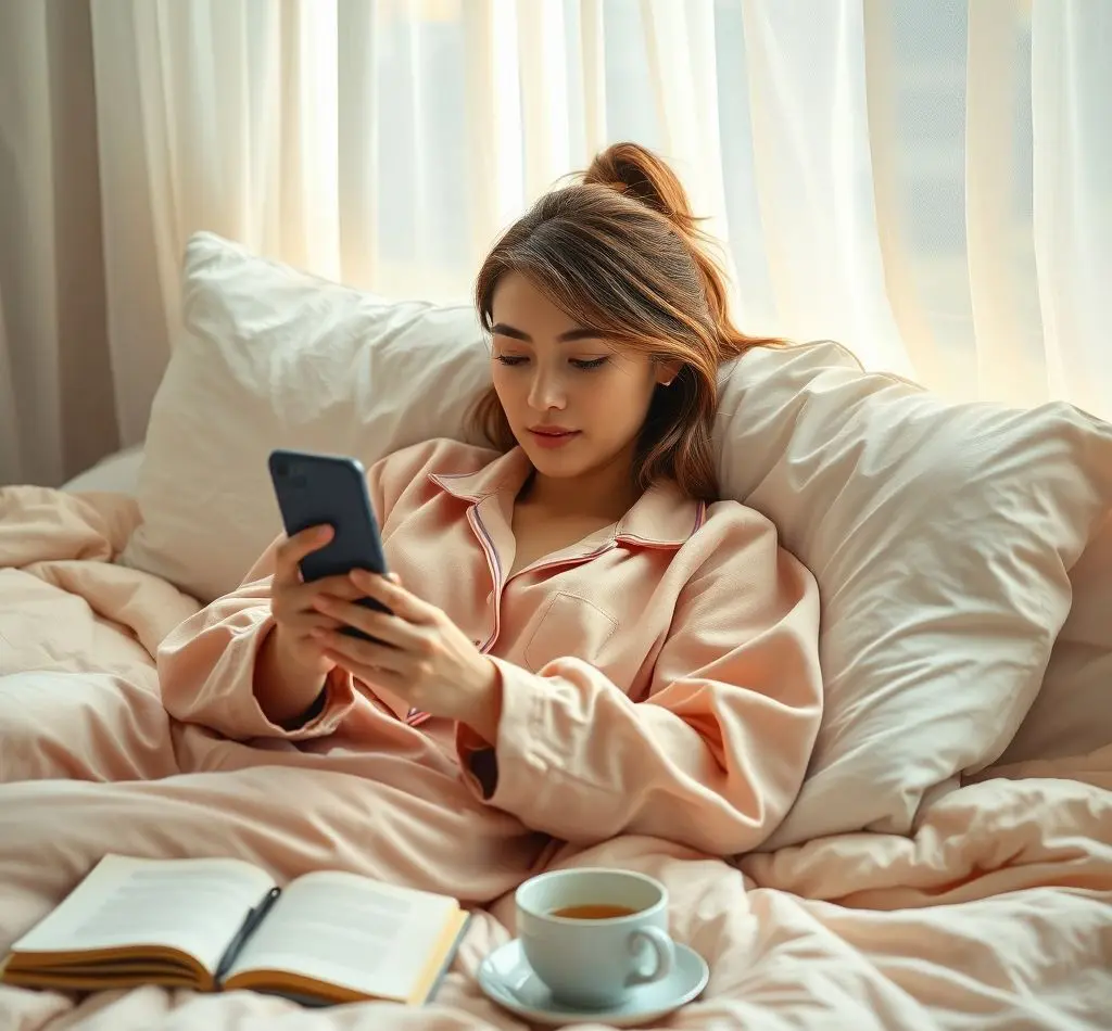 mujer mirando telefono cama
