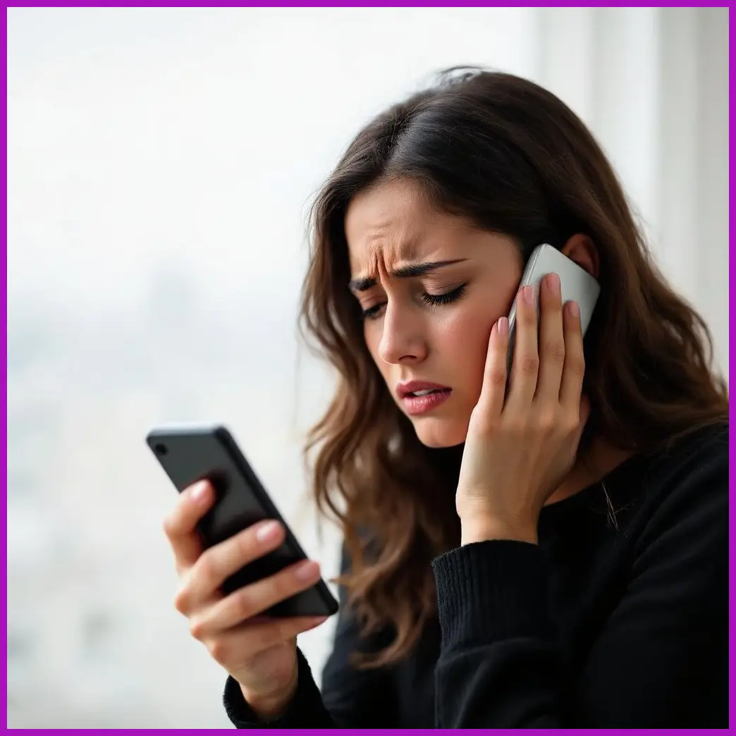 mujer mirando telefono estresada