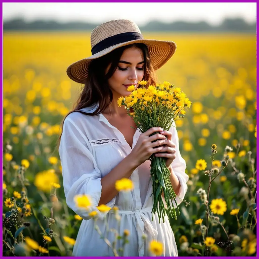 mujer oliendo flores campo