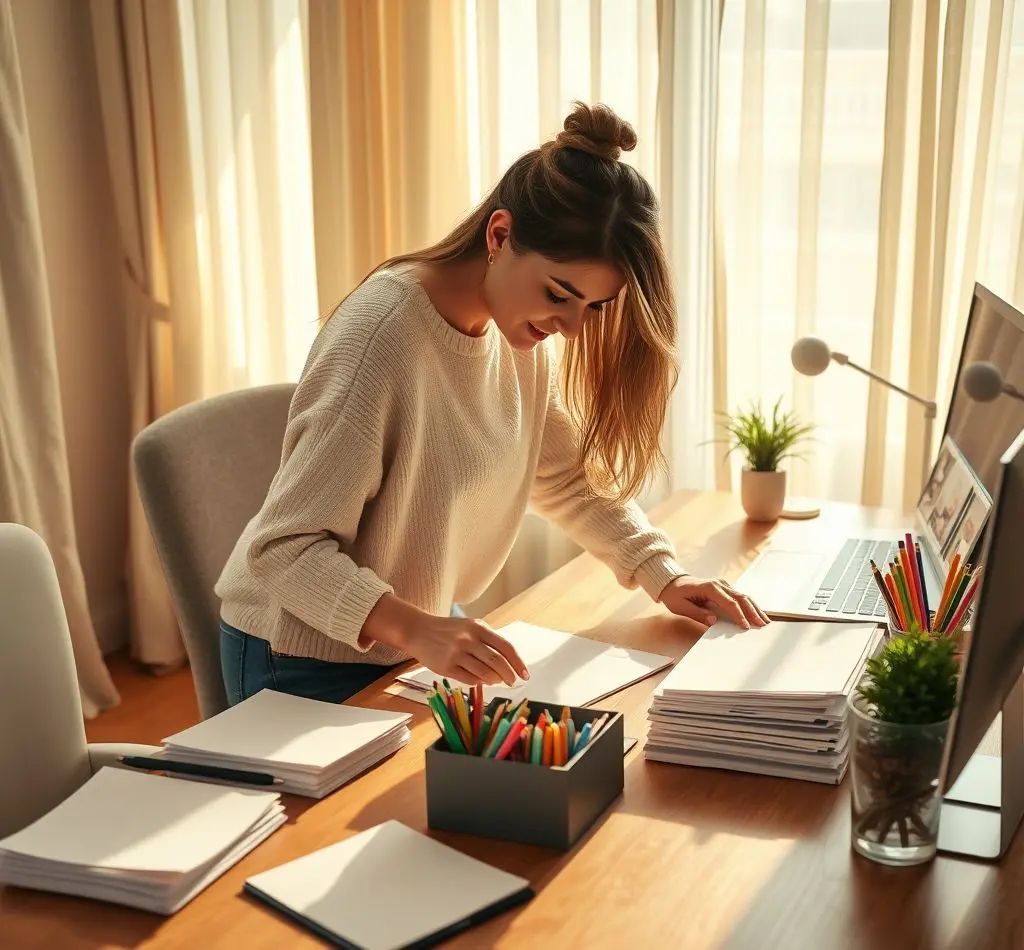 mujer organizando escritorio