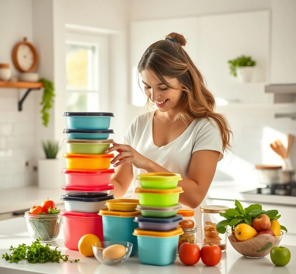 mujer organizando tuppers cocina