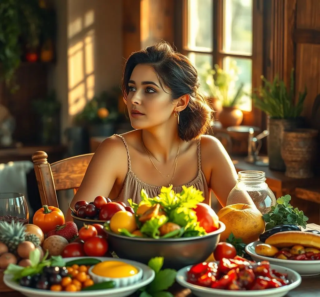 mujer pensativa cerca alimentos
