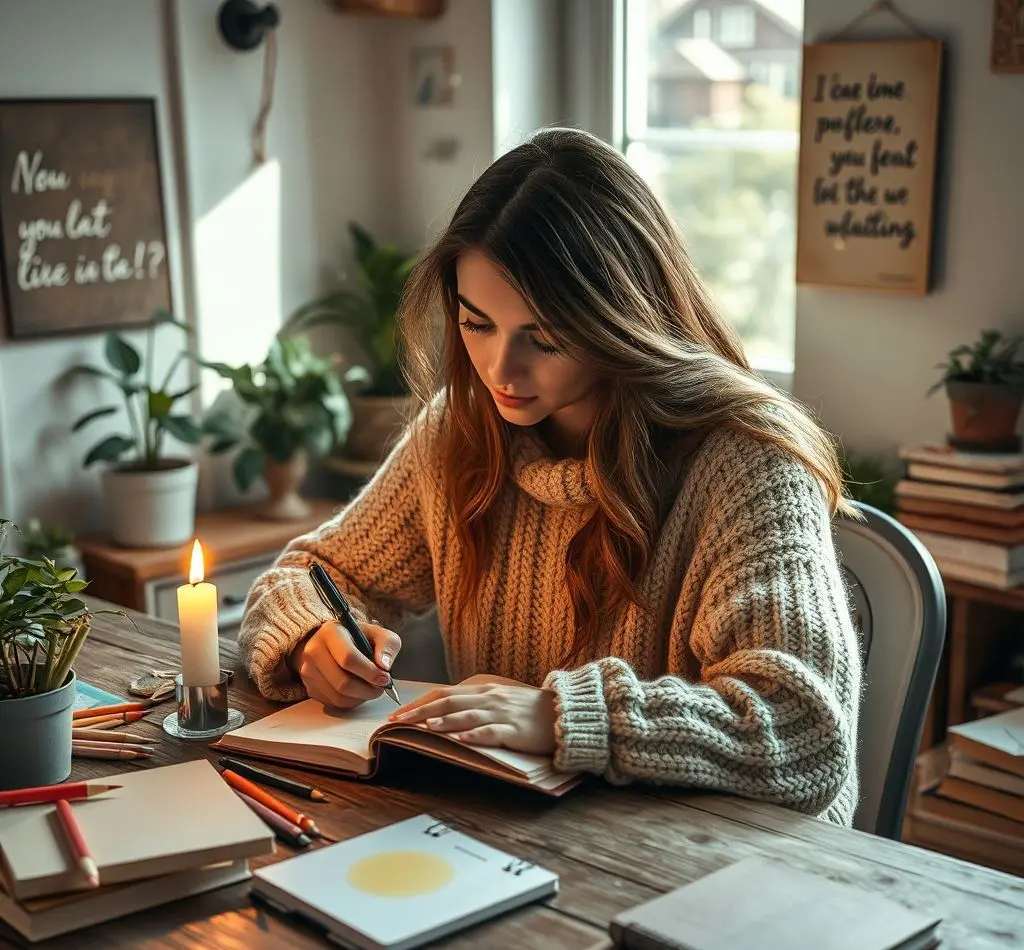 mujer pensativa escribiendo