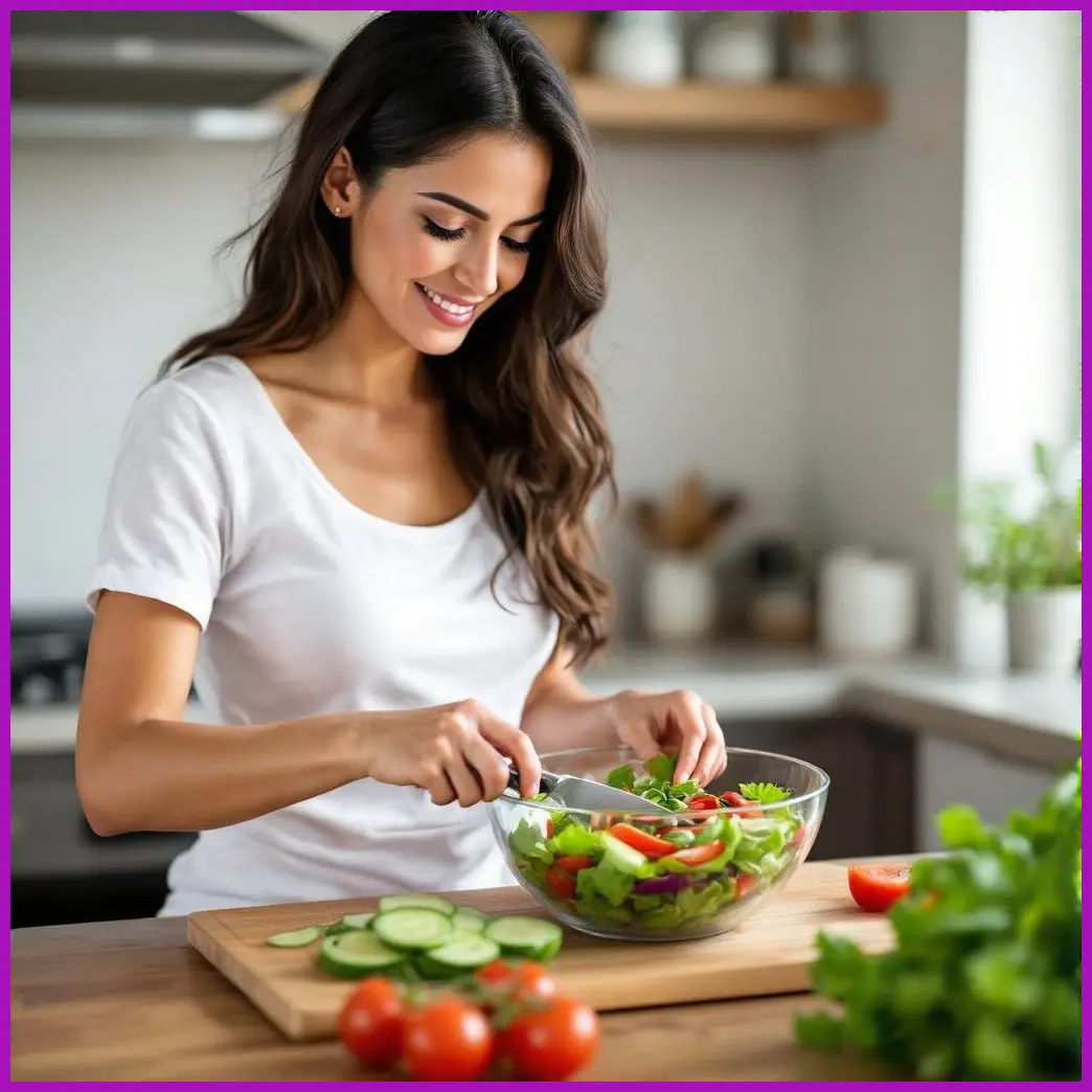 mujer preparando ensalada fresca