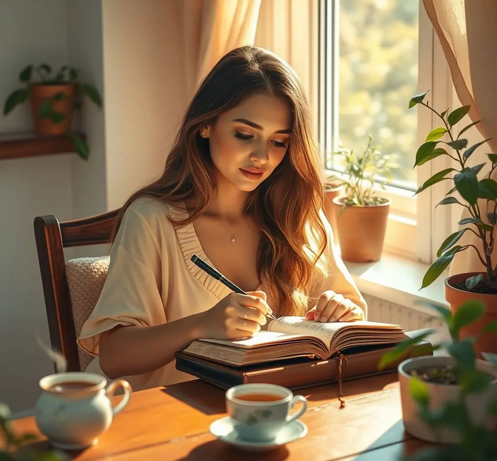 mujer relajada escribiendo sentimientos