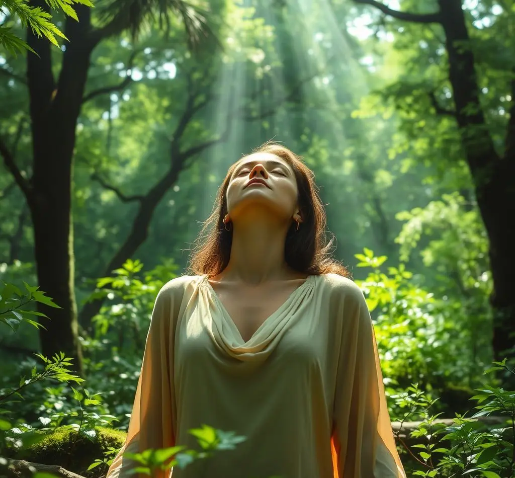 mujer respirando profundamente bosque