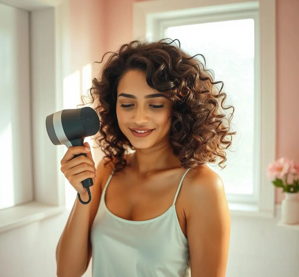 mujer secando cabello rizado difusor