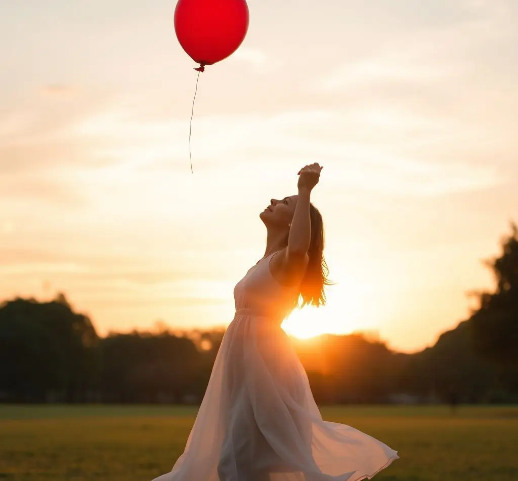 mujer soltando globo rojo