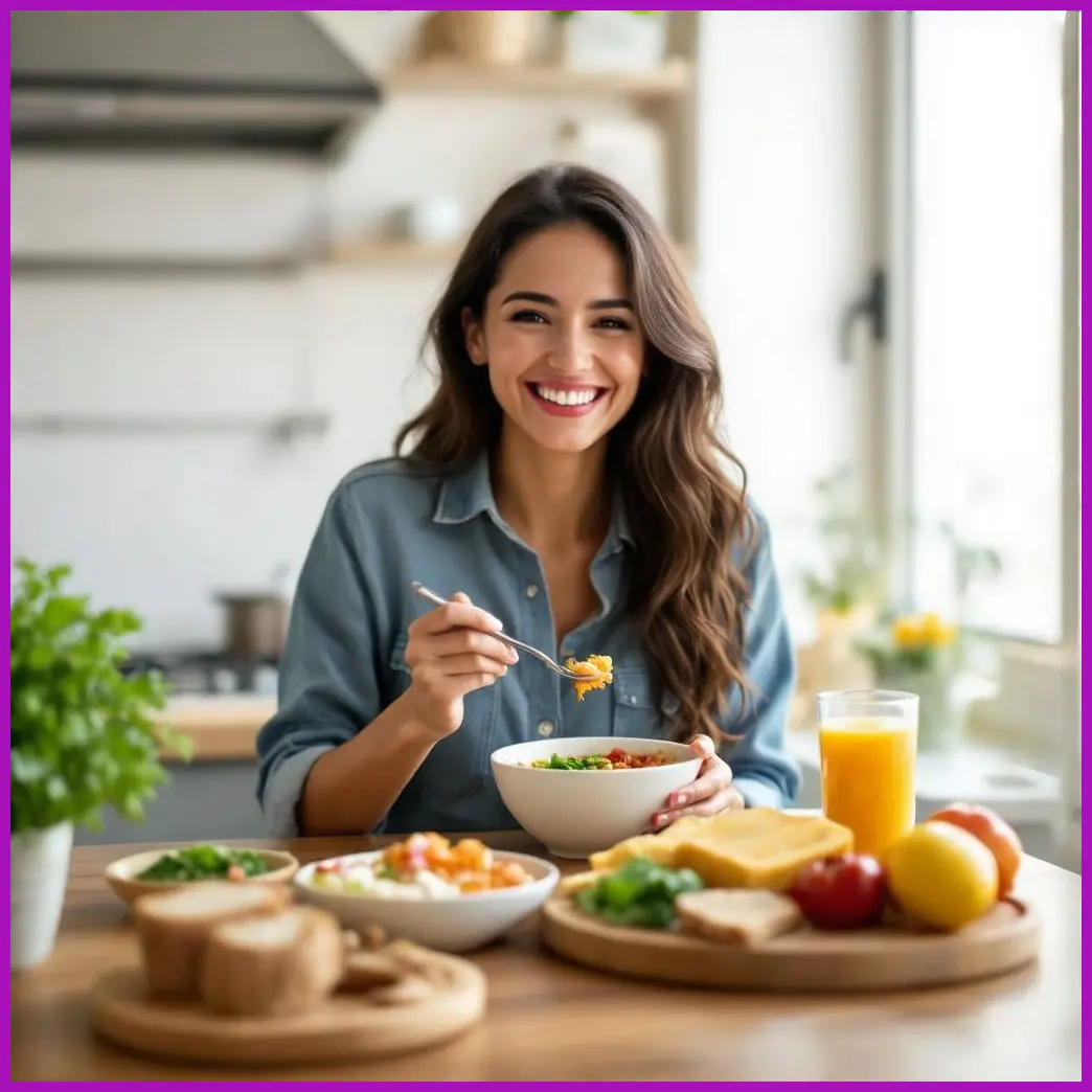 mujer sonriendo con comida sana