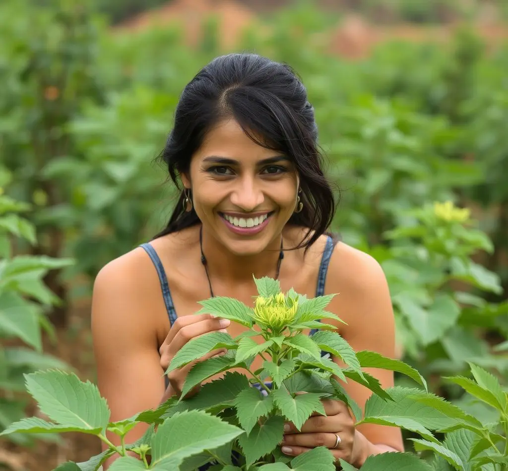 mujer sonriendo planta