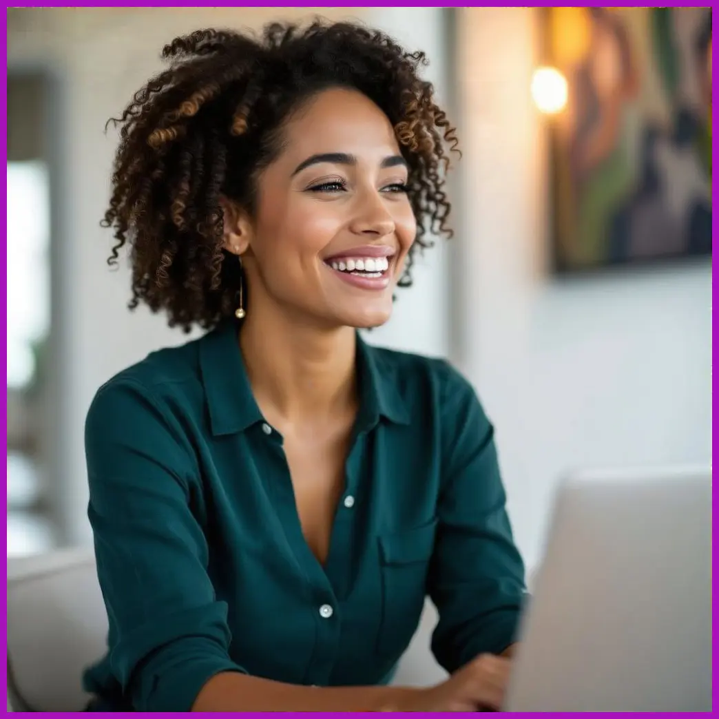 mujer sonriendo y mirando hacia adelante