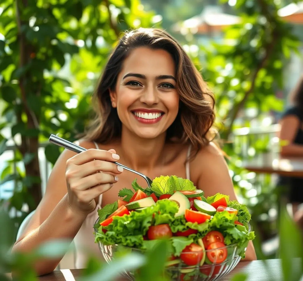 mujer sonriente comiendo ensalada