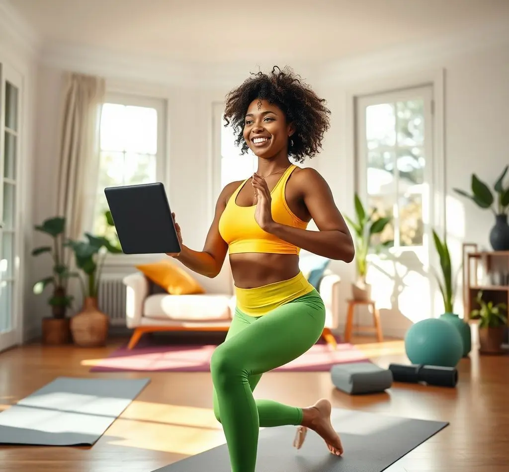 mujer sonriente entrenando casa