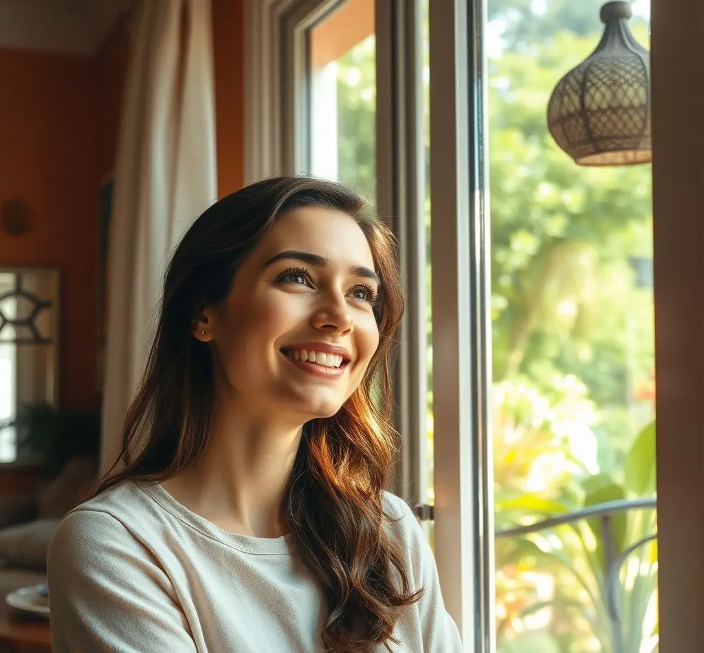mujer sonriente mirando ventana