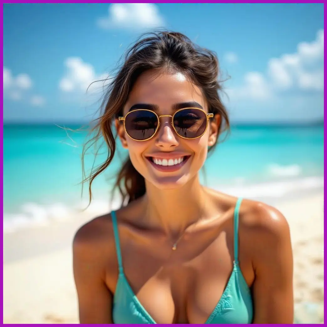 mujer usando gafas sol playa