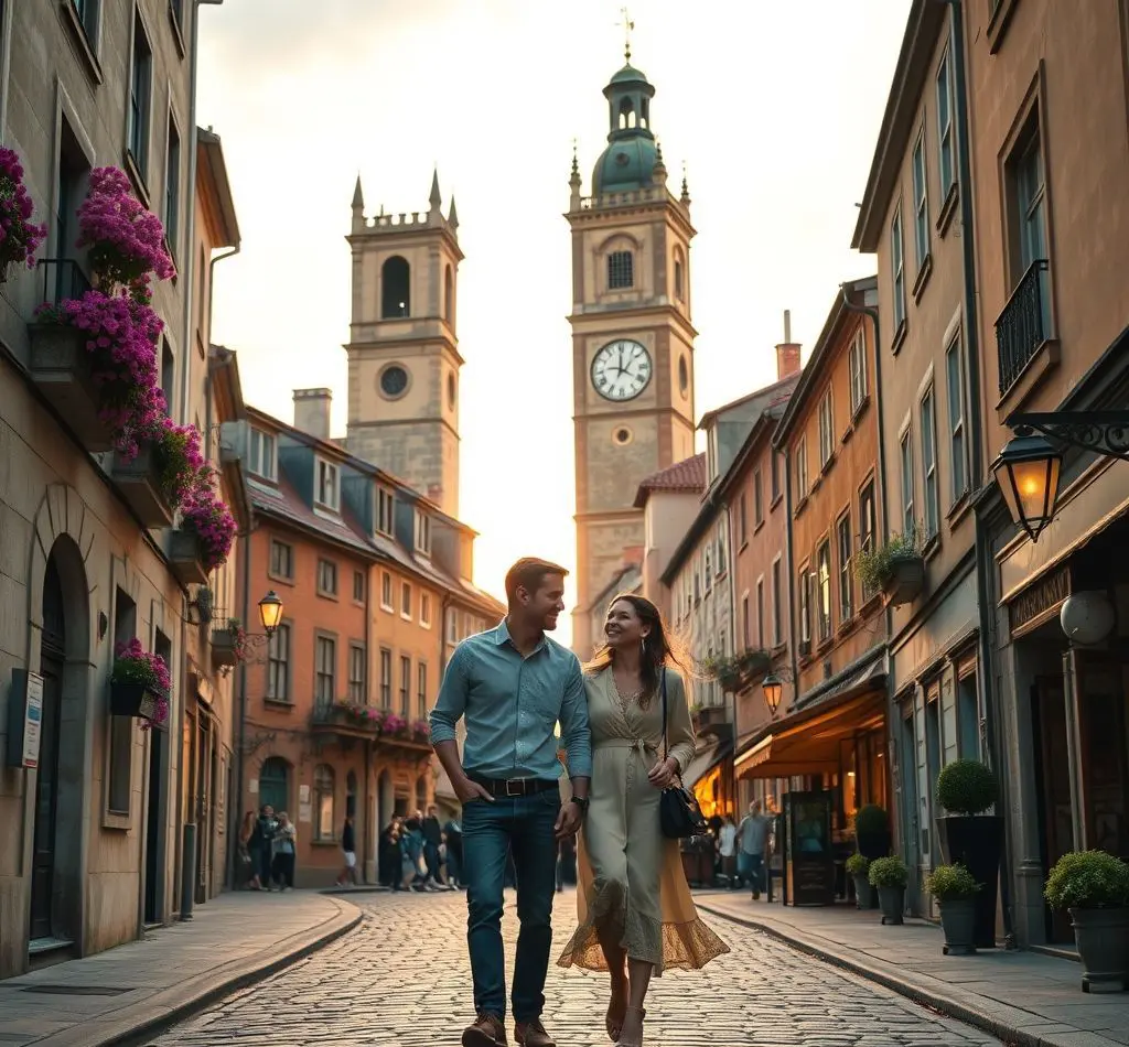 pareja explorando ciudad historica